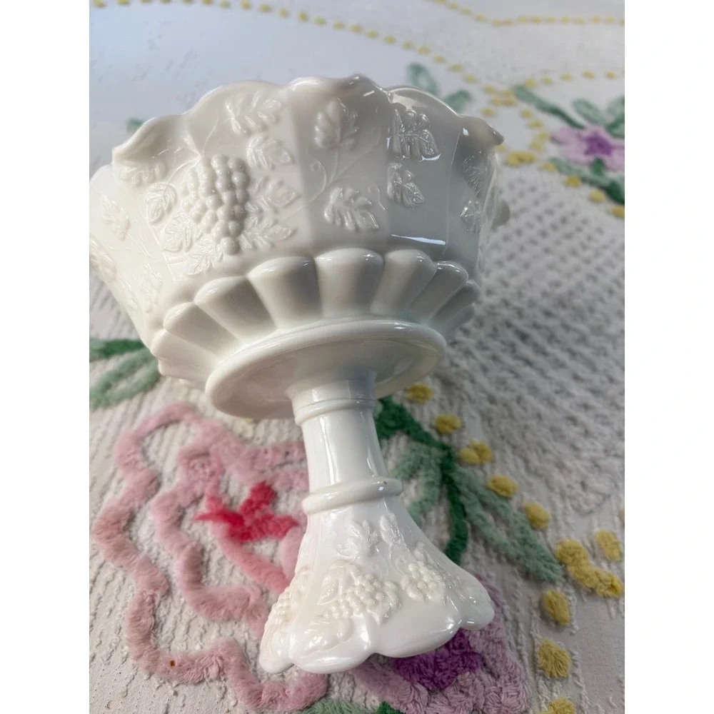 Westmoreland Milk Glass Paneled Grape Pedestal Bowl Scalloped Compote Candy Dish